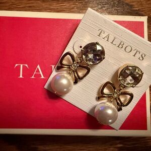 Talbots Gold Bow Earrings with Pearl and Crystal Accents